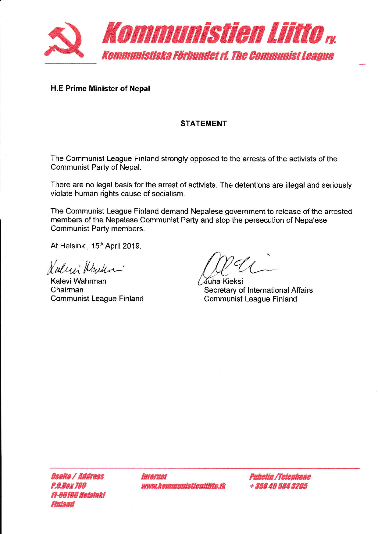 नेकपाका नेताहरुलाई पक्राउबारे फिनल्यान्डको कम्युनिस्ट पार्टीद्वारा प्रधानमन्त्रीलाई पत्र
