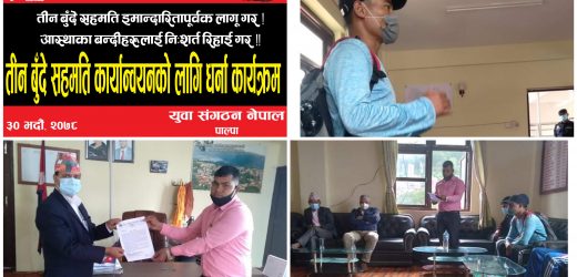 युवा सङ्गठन नेपाल पाल्पाद्वारा तीनबुँदे सहमति कार्यान्वयन गर्न माग गर्दै ज्ञापनपत्र